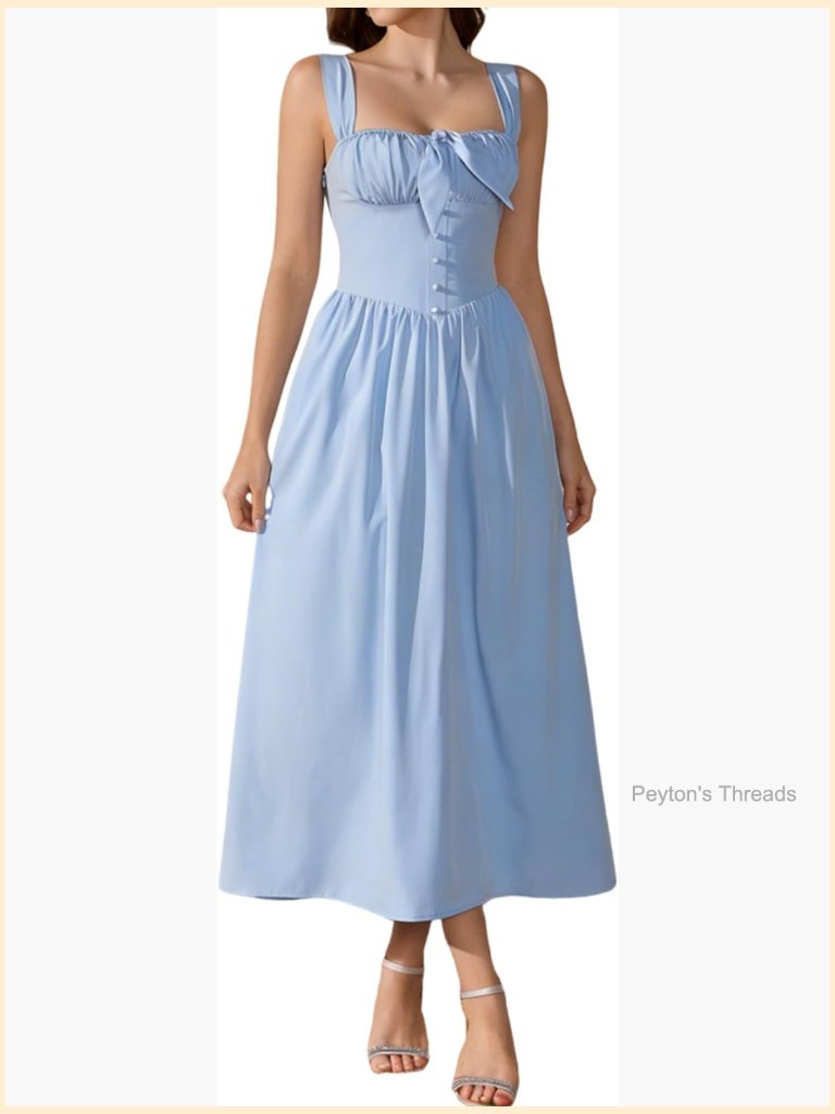 Corset Midi Dress Square Neck Button Front Bow Detail A-Line Flowy Wedding Guest